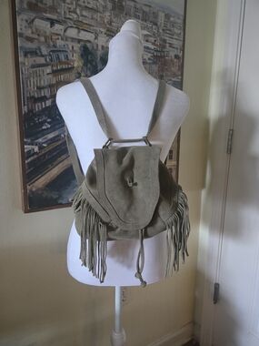 Ecote Olive Suede Fringe Drawstring Backpack
